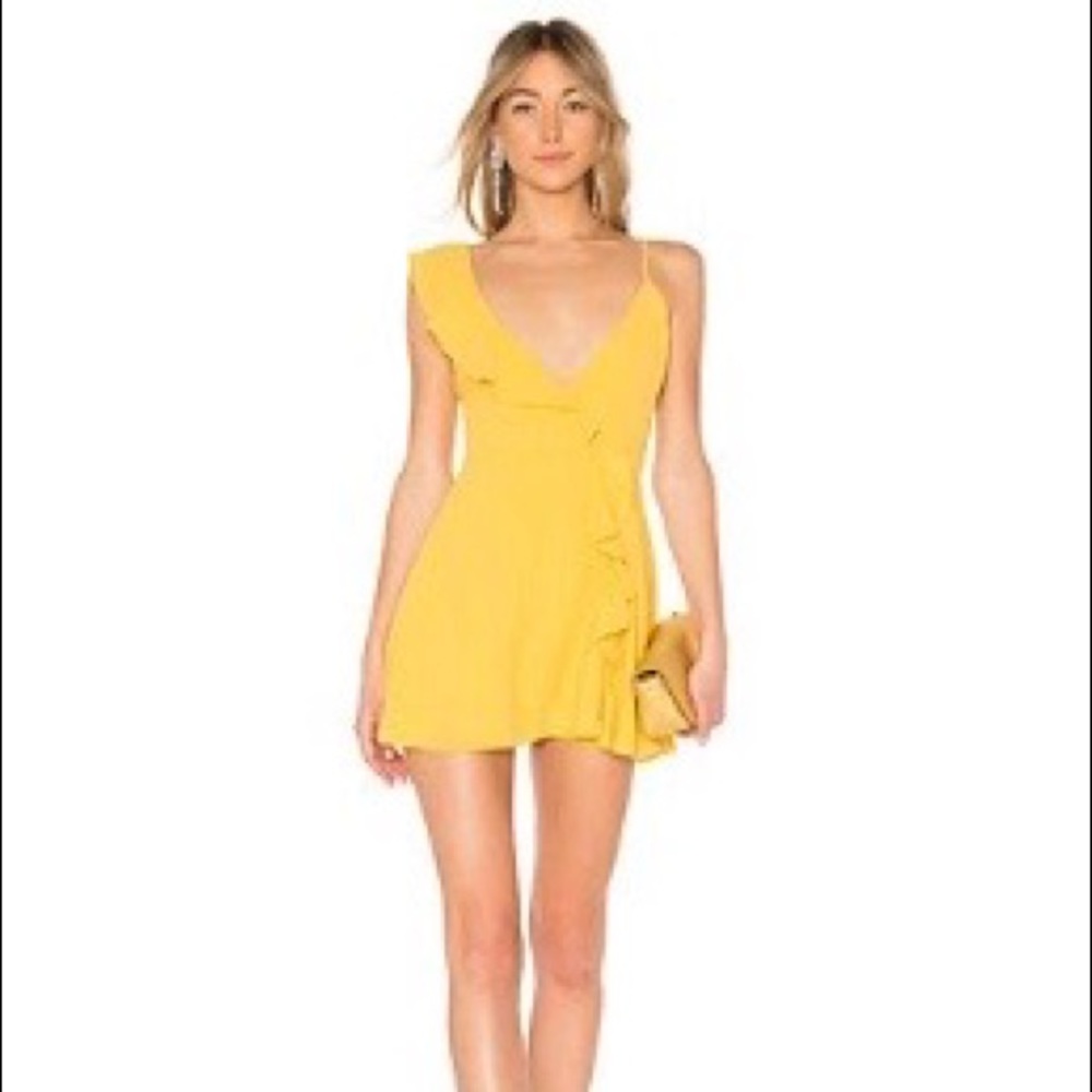 LPA Asymmetrical Ruffle Wrap Dress in Golden Yellow
